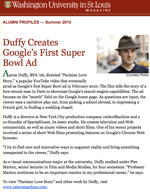 Aaron Duffy in Washington University's Magazine